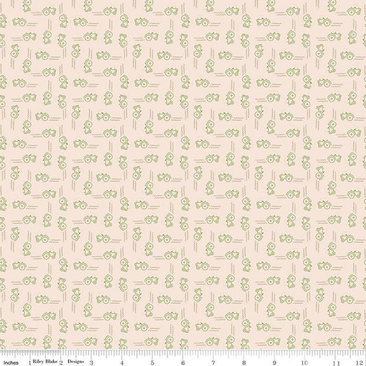 Image of Farmer's Daughter Tractors Background Thyme quilting cotton fabric by Lori Holt for Riley Blake Designs. Features tractors on a cream background. Cute Little Fabric Shop