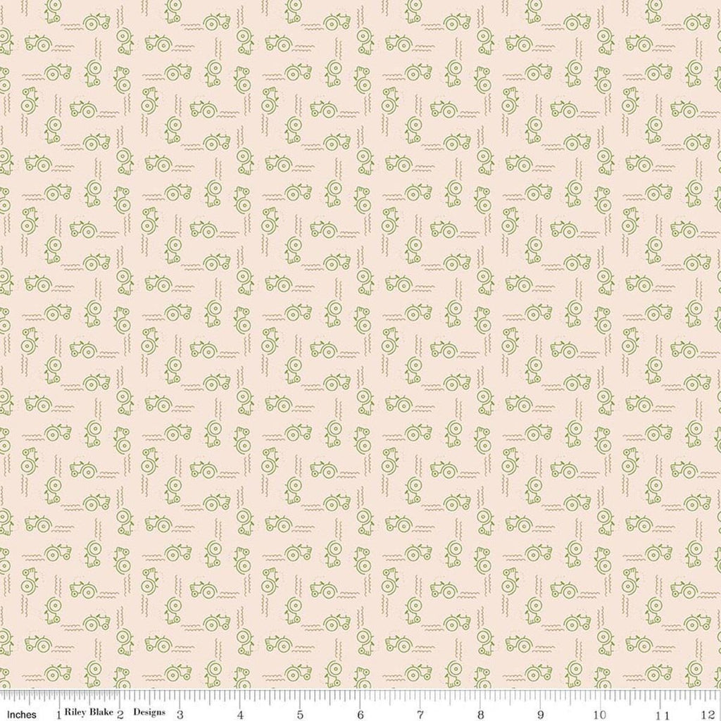 Image of Farmer's Daughter Tractors Background Thyme quilting cotton fabric by Lori Holt for Riley Blake Designs. Features tractors on a cream background. Cute Little Fabric Shop