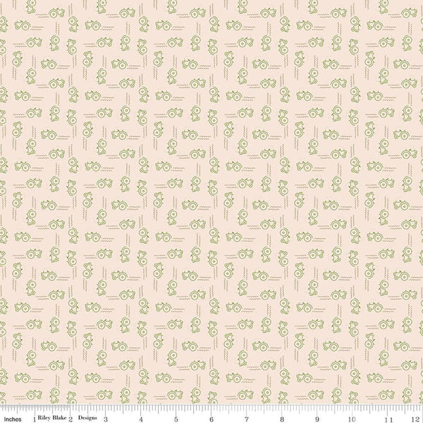 Image of Farmer's Daughter Tractors Background Thyme quilting cotton fabric by Lori Holt for Riley Blake Designs. Features tractors on a cream background. Cute Little Fabric Shop