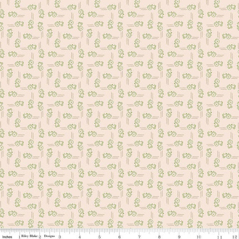 Image of Farmer's Daughter Tractors Background Thyme quilting cotton fabric by Lori Holt for Riley Blake Designs. Features tractors on a cream background. Cute Little Fabric Shop
