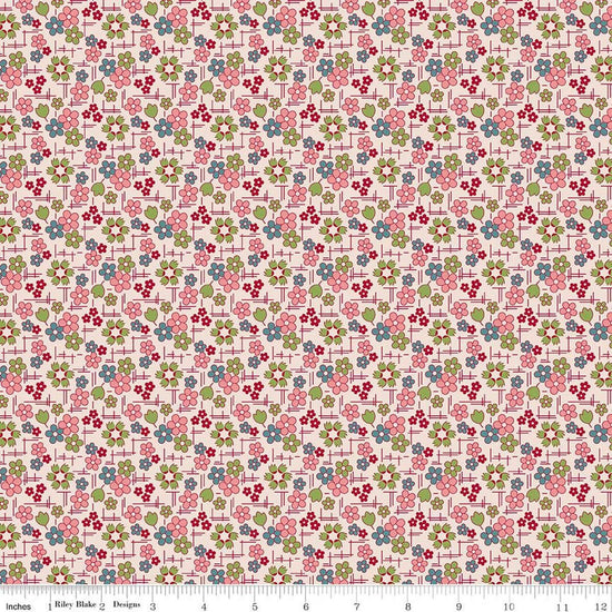 Image of Farmer's Daughter Daisy Coral quilting cotton fabric by Lori Holt for Riley Blake Designs. Features flowers on a pink background. Cute Little Fabric Shop