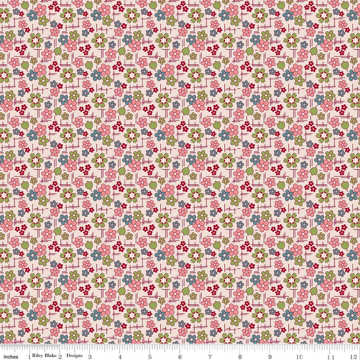Image of Farmer's Daughter Daisy Coral quilting cotton fabric by Lori Holt for Riley Blake Designs. Features flowers on a pink background. Cute Little Fabric Shop