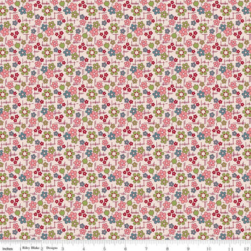 Image of Farmer's Daughter Daisy Coral quilting cotton fabric by Lori Holt for Riley Blake Designs. Features flowers on a pink background. Cute Little Fabric Shop