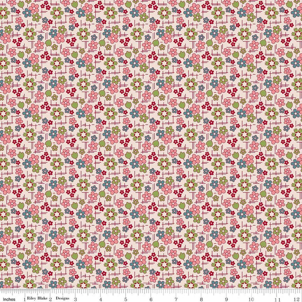 Image of Farmer's Daughter Daisy Coral quilting cotton fabric by Lori Holt for Riley Blake Designs. Features flowers on a pink background. Cute Little Fabric Shop
