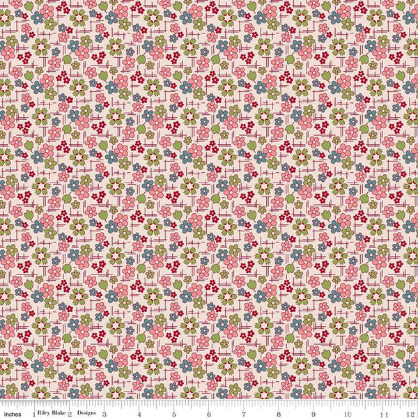 Image of Farmer's Daughter Daisy Coral quilting cotton fabric by Lori Holt for Riley Blake Designs. Features flowers on a pink background. Cute Little Fabric Shop