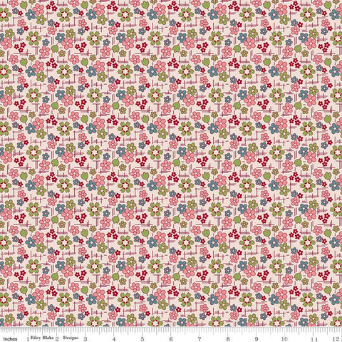 Image of Farmer's Daughter Daisy Coral quilting cotton fabric by Lori Holt for Riley Blake Designs. Features flowers on a pink background. Cute Little Fabric Shop