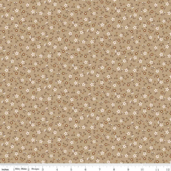 Image of Farmer's Daughter Blossom Palomino quilting cotton fabric by Lori Holt for Riley Blake Designs. Features flowers on a brown background. Cute Little Fabric Shop