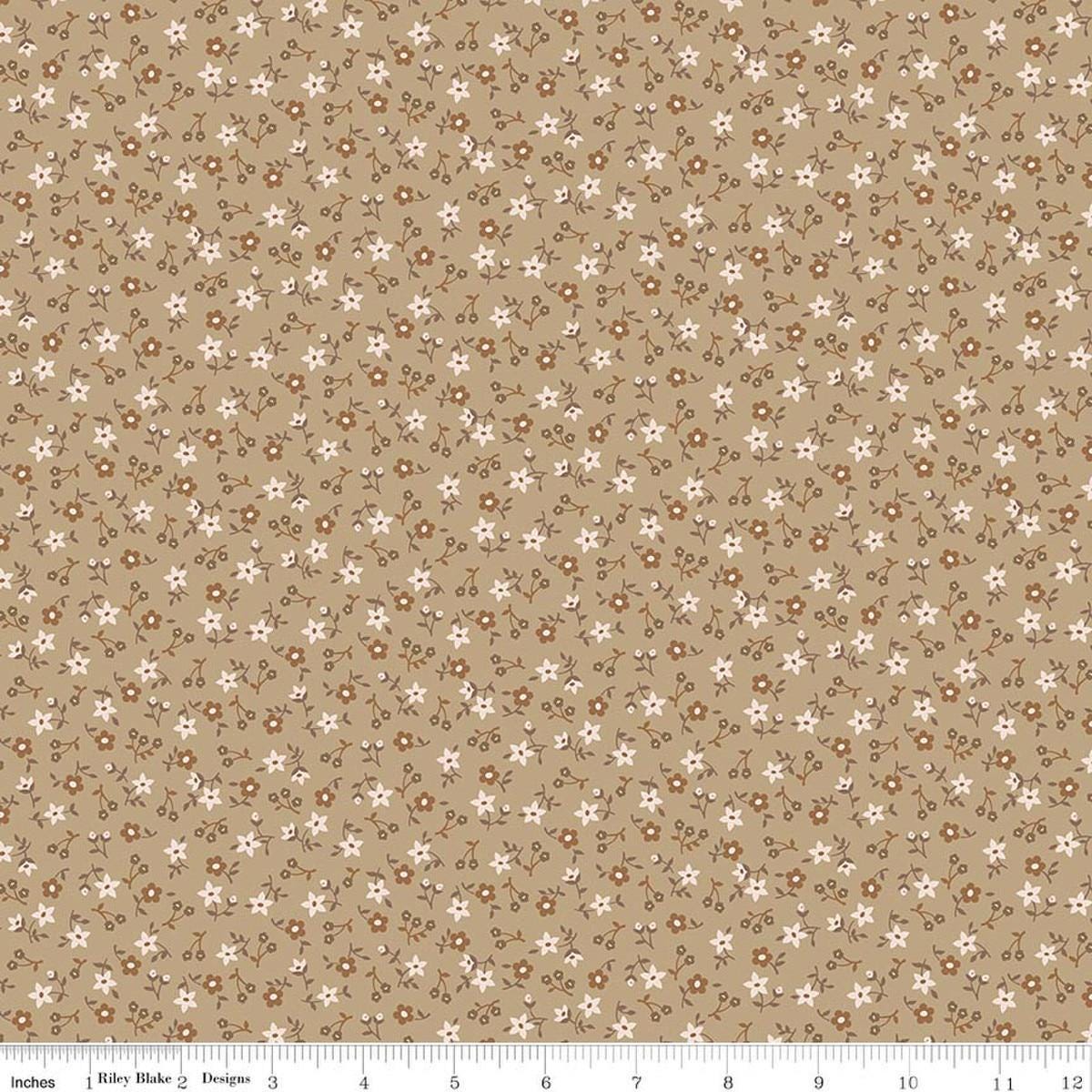 Image of Farmer's Daughter Blossom Palomino quilting cotton fabric by Lori Holt for Riley Blake Designs. Features flowers on a brown background. Cute Little Fabric Shop