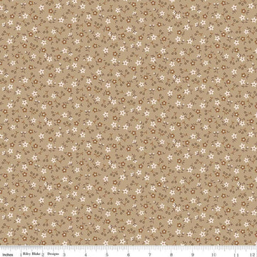 Image of Farmer's Daughter Blossom Palomino quilting cotton fabric by Lori Holt for Riley Blake Designs. Features flowers on a brown background. Cute Little Fabric Shop