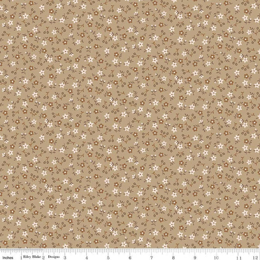 Image of Farmer's Daughter Blossom Palomino quilting cotton fabric by Lori Holt for Riley Blake Designs. Features flowers on a brown background. Cute Little Fabric Shop