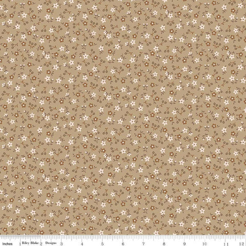 Image of Farmer's Daughter Blossom Palomino quilting cotton fabric by Lori Holt for Riley Blake Designs. Features flowers on a brown background. Cute Little Fabric Shop