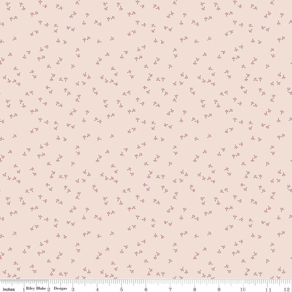 Image of Farmer's Daughter Chicken Tracks Background Tea Rose quilting cotton fabric by Lori Holt for Riley Blake Designs. Features chicken tracks on a cream background. Cute Little Fabric Shop