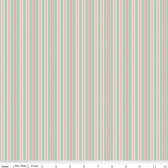 Image of Farmer's Daughter Ticking Sage quilting cotton fabric by Lori Holt for Riley Blake Designs. Features stripes on a green background. Cute Little Fabric Shop
