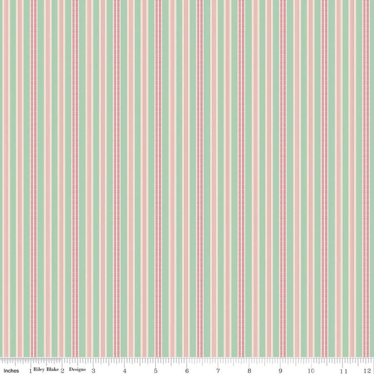 Image of Farmer's Daughter Ticking Sage quilting cotton fabric by Lori Holt for Riley Blake Designs. Features stripes on a green background. Cute Little Fabric Shop