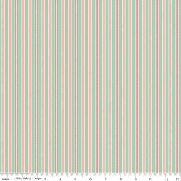 Image of Farmer's Daughter Ticking Sage quilting cotton fabric by Lori Holt for Riley Blake Designs. Features stripes on a green background. Cute Little Fabric Shop