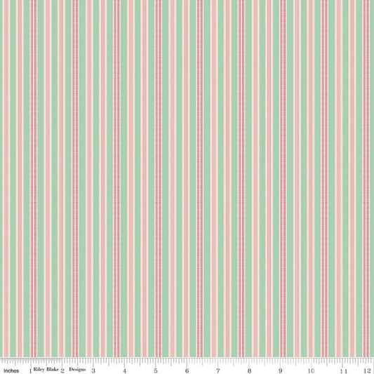 Image of Farmer's Daughter Ticking Sage quilting cotton fabric by Lori Holt for Riley Blake Designs. Features stripes on a green background. Cute Little Fabric Shop