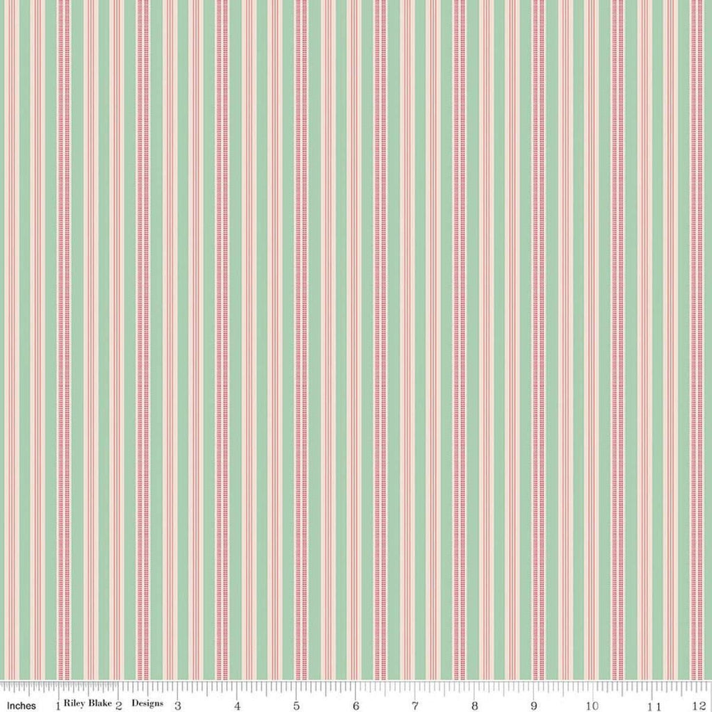 Image of Farmer's Daughter Ticking Sage quilting cotton fabric by Lori Holt for Riley Blake Designs. Features stripes on a green background. Cute Little Fabric Shop
