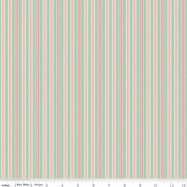 Image of Farmer's Daughter Ticking Sage quilting cotton fabric by Lori Holt for Riley Blake Designs. Features stripes on a green background. Cute Little Fabric Shop