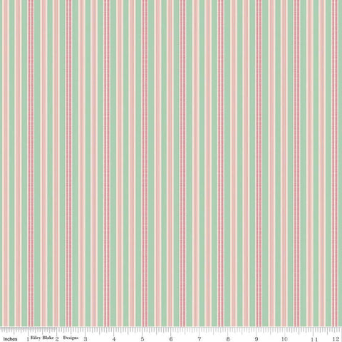 Image of Farmer's Daughter Ticking Sage quilting cotton fabric by Lori Holt for Riley Blake Designs. Features stripes on a green background. Cute Little Fabric Shop