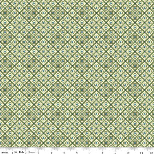 Image of Farmer's Daughter Sunflower Thyme quilting cotton fabric by Lori Holt for Riley Blake Designs. Features flowers on a green background. Cute Little Fabric Shop
