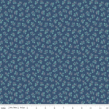 Image of Farmer's Daughter Vintage Denim quilting cotton fabric by Lori Holt for Riley Blake Designs. Features flowers on a blue background. Cute Little Fabric Shop
