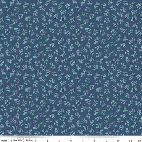 Image of Farmer's Daughter Vintage Denim quilting cotton fabric by Lori Holt for Riley Blake Designs. Features flowers on a blue background. Cute Little Fabric Shop