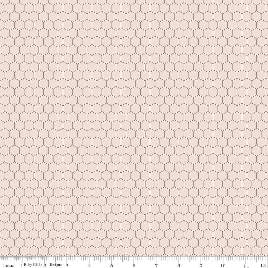 Image of Farmer's Daughter Chicken Wire Background Rustic quilting cotton fabric by Lori Holt for Riley Blake Designs. Features hexagons on a cream background. Cute Little Fabric Shop