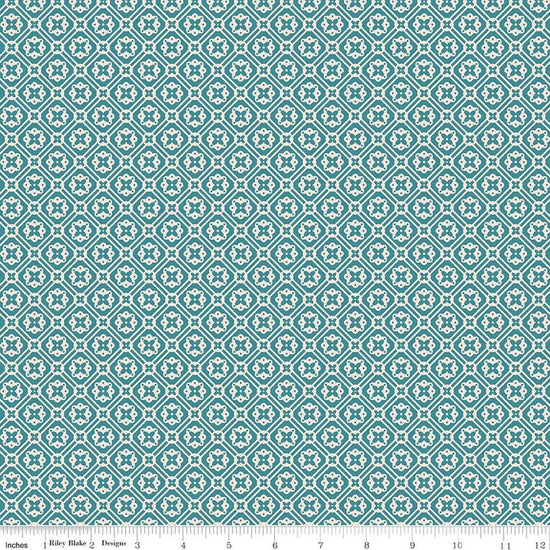 Image of Farmer's Daughter Doily Raindrop quilting cotton fabric by Lori Holt for Riley Blake Designs. Features geometric on a blue background. Cute Little Fabric Shop