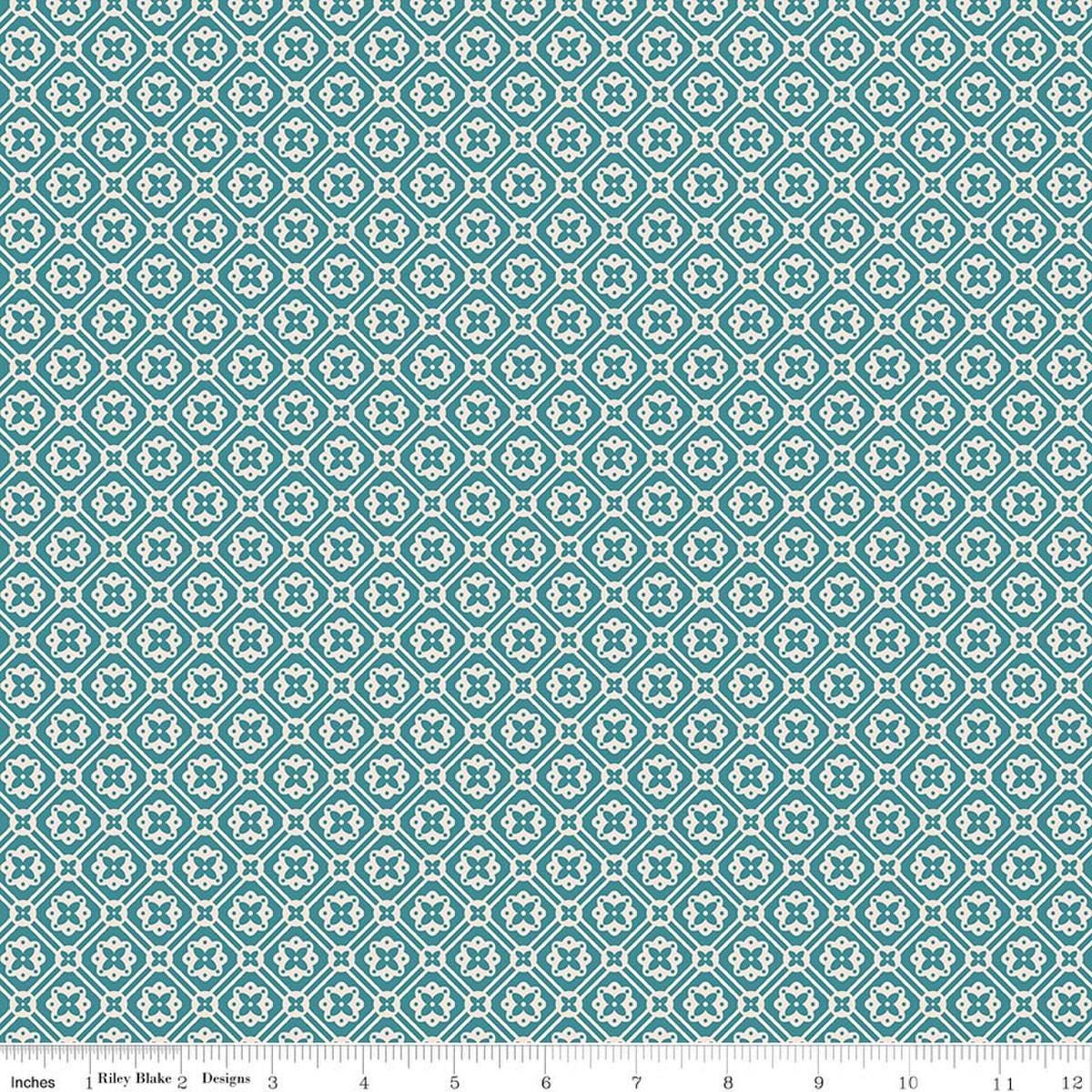 Image of Farmer's Daughter Doily Raindrop quilting cotton fabric by Lori Holt for Riley Blake Designs. Features geometric on a blue background. Cute Little Fabric Shop