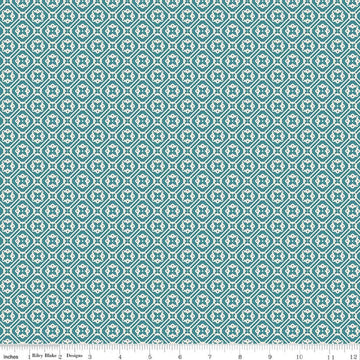 Image of Farmer's Daughter Doily Raindrop quilting cotton fabric by Lori Holt for Riley Blake Designs. Features geometric on a blue background. Cute Little Fabric Shop