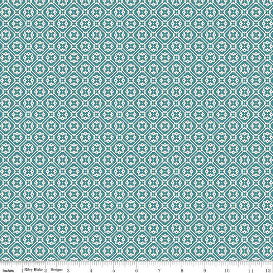 Image of Farmer's Daughter Doily Raindrop quilting cotton fabric by Lori Holt for Riley Blake Designs. Features geometric on a blue background. Cute Little Fabric Shop