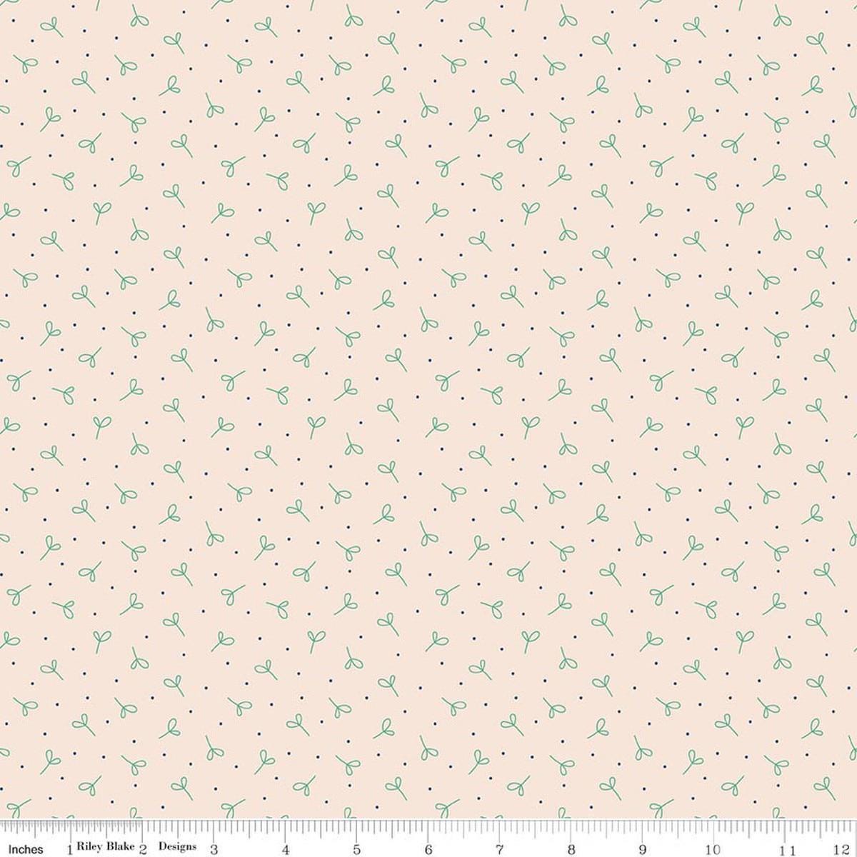 Image of Farmer's Daughter Seedling Background Leaf quilting cotton fabric by Lori Holt for Riley Blake Designs. Features plants on a cream background. Cute Little Fabric Shop