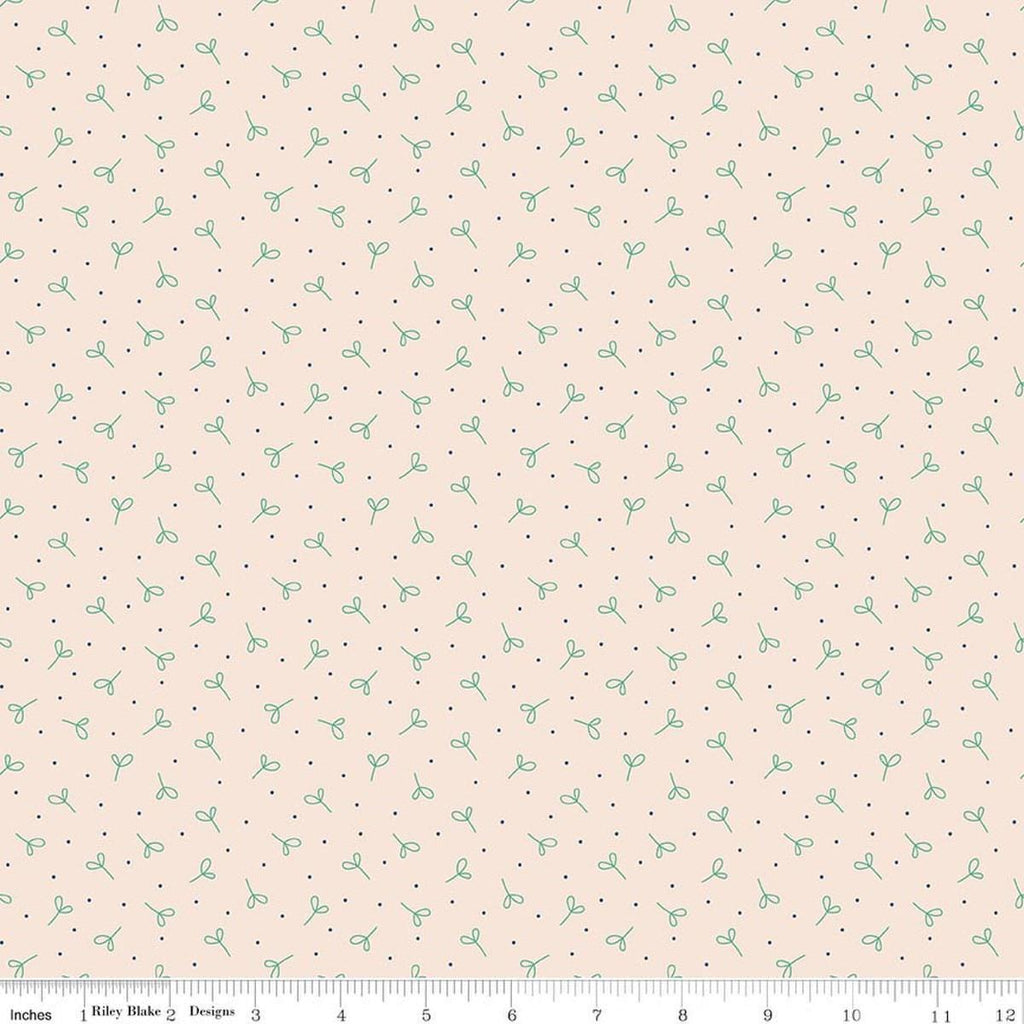 Image of Farmer's Daughter Seedling Background Leaf quilting cotton fabric by Lori Holt for Riley Blake Designs. Features plants on a cream background. Cute Little Fabric Shop