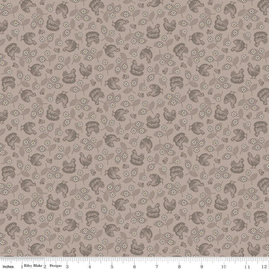 Image of Farmer's Daughter Hens & Chicks Pewter quilting cotton fabric by Lori Holt for Riley Blake Designs. Features chickens on a gray background. Cute Little Fabric Shop