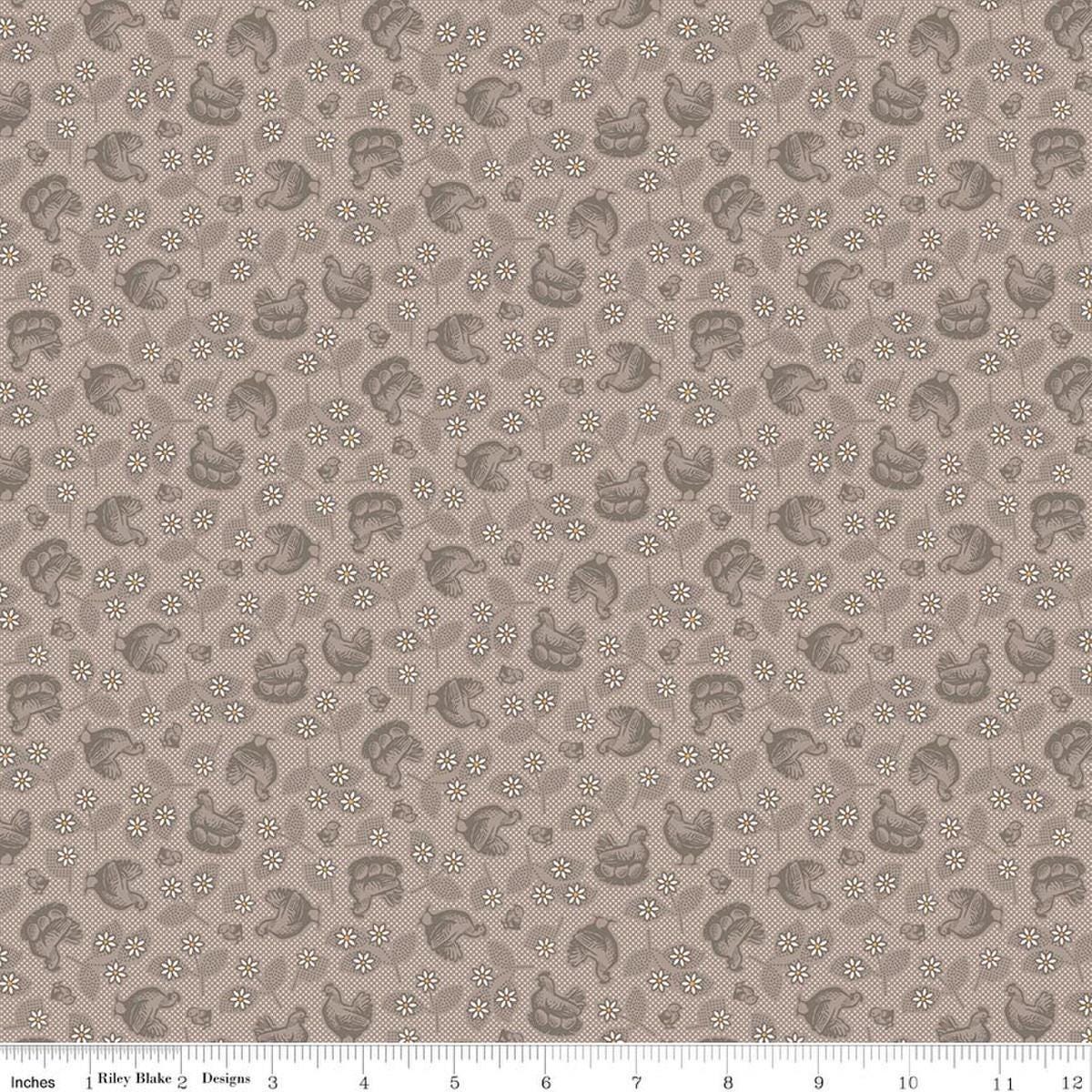 Image of Farmer's Daughter Hens & Chicks Pewter quilting cotton fabric by Lori Holt for Riley Blake Designs. Features chickens on a gray background. Cute Little Fabric Shop
