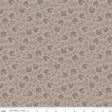 Image of Farmer's Daughter Hens & Chicks Pewter quilting cotton fabric by Lori Holt for Riley Blake Designs. Features chickens on a gray background. Cute Little Fabric Shop