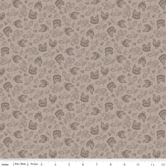 Image of Farmer's Daughter Hens & Chicks Pewter quilting cotton fabric by Lori Holt for Riley Blake Designs. Features chickens on a gray background. Cute Little Fabric Shop