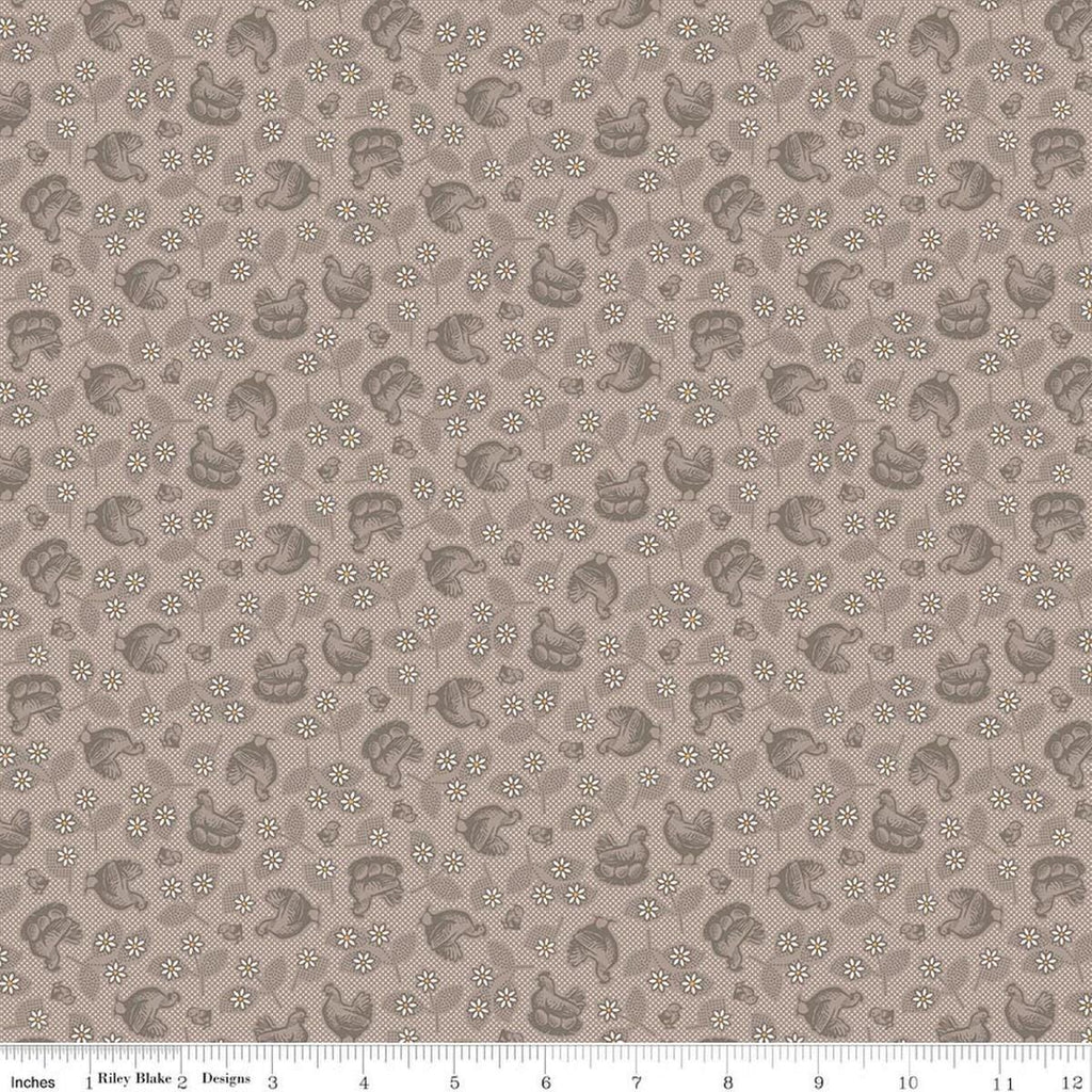 Image of Farmer's Daughter Hens & Chicks Pewter quilting cotton fabric by Lori Holt for Riley Blake Designs. Features chickens on a gray background. Cute Little Fabric Shop
