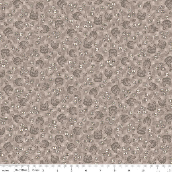 Image of Farmer's Daughter Hens & Chicks Pewter quilting cotton fabric by Lori Holt for Riley Blake Designs. Features chickens on a gray background. Cute Little Fabric Shop