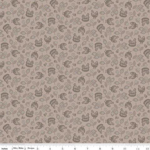 Image of Farmer's Daughter Hens & Chicks Pewter quilting cotton fabric by Lori Holt for Riley Blake Designs. Features chickens on a gray background. Cute Little Fabric Shop