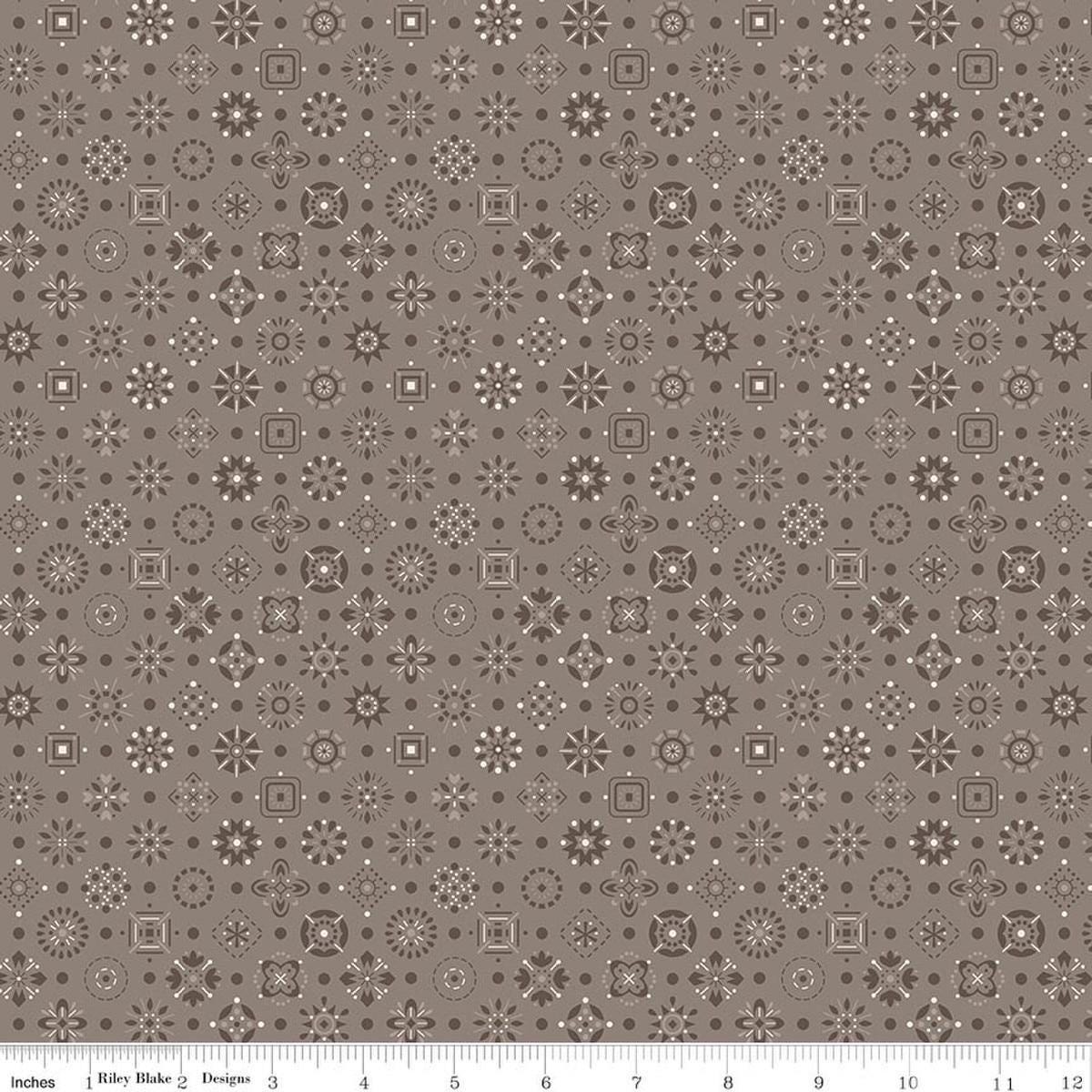 Image of Farmer's Daughter Handmade Rustic quilting cotton fabric by Lori Holt for Riley Blake Designs. Features geometric on a gray background. Cute Little Fabric Shop