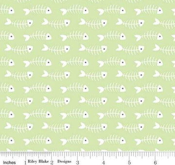 Purrfect Day Fishbones C9903 Green - Riley Blake Designs - Cat Kitten Fish Gray White - Quilting Cotton Fabric