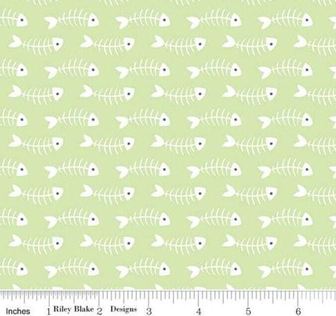 Purrfect Day Fishbones C9903 Green - Riley Blake Designs - Cat Kitten Fish Gray White - Quilting Cotton Fabric