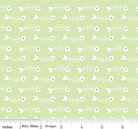 Purrfect Day Fishbones C9903 Green - Riley Blake Designs - Cat Kitten Fish Gray White - Quilting Cotton Fabric