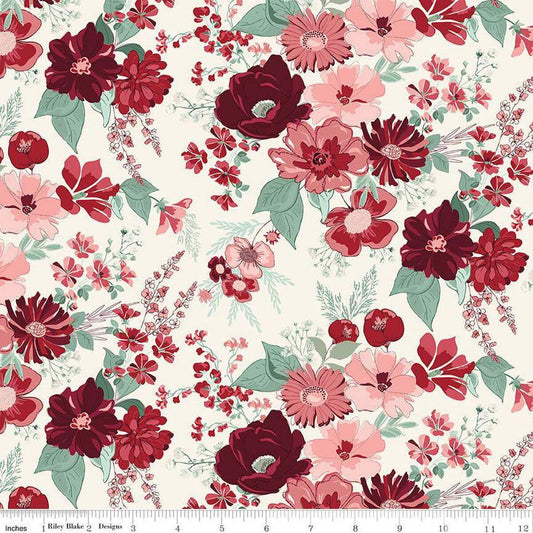 Image of Love You Always Main Cream quilting cotton fabric by Sandy Gervais for Riley Blake Designs. Features flowers on a cream background. Cute Little Fabric Shop
