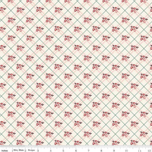 Image of Love You Always Floral Plaid Cream quilting cotton fabric by Sandy Gervais for Riley Blake Designs. Features flowers on a cream background. Cute Little Fabric Shop