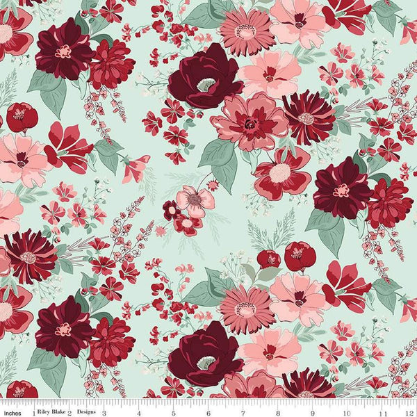 Image of Love You Always Main Mist quilting cotton fabric by Sandy Gervais for Riley Blake Designs. Features flowers on a green background. Cute Little Fabric Shop