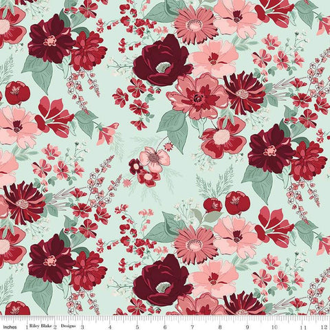 Image of Love You Always Main Mist quilting cotton fabric by Sandy Gervais for Riley Blake Designs. Features flowers on a green background. Cute Little Fabric Shop