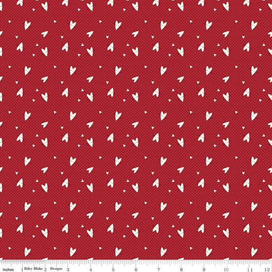 Image of Love You Always Hearts Red quilting cotton fabric by Sandy Gervais for Riley Blake Designs. Features hearts on a red background. Cute Little Fabric Shop