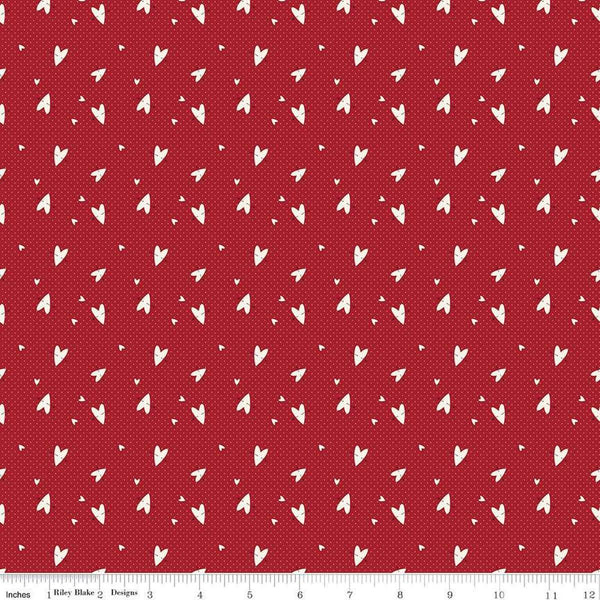 Image of Love You Always Hearts Red quilting cotton fabric by Sandy Gervais for Riley Blake Designs. Features hearts on a red background. Cute Little Fabric Shop